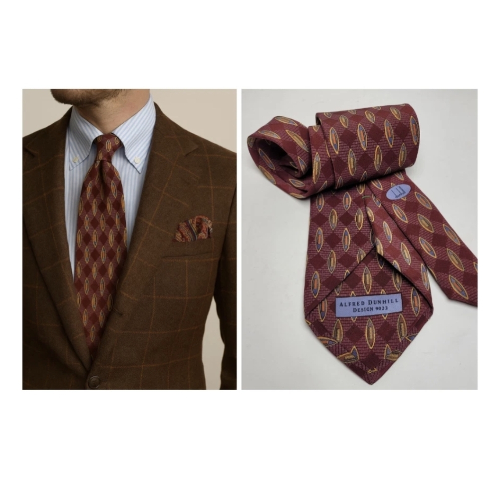 Alfred Dunhill Design 9022 Men Tie 100% Silk Geometric Print Burgundy Handmade